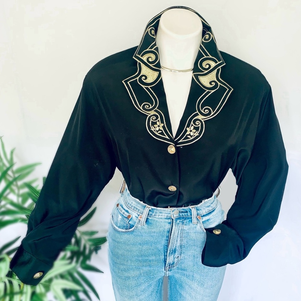 Vintage Black Blouse with Gold Embroidered Collar - Picture 10 of 15